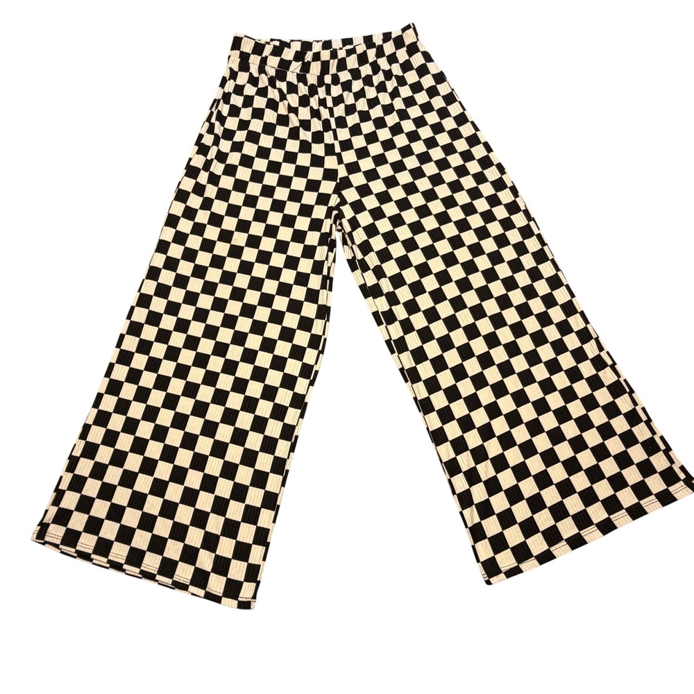 Dressed in Lala Checkered Wide Leg Pants Black White XL Checkerboard High Rise